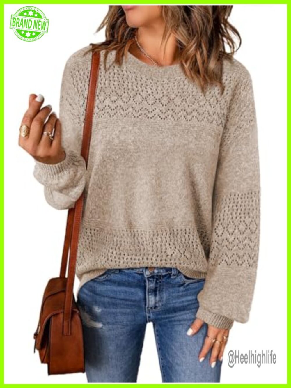 Womens Crochet Sweater Boho Long Sleeve Knit Pullover Tunic Top